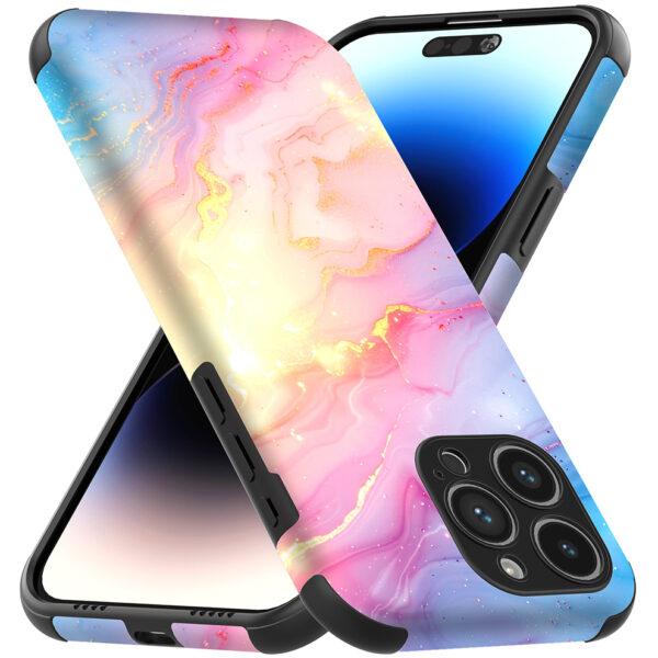 iPhone 14 Pro Max telefoonhoesje met sterke bumper rand en regenboog glitter marmer opdruk (3)