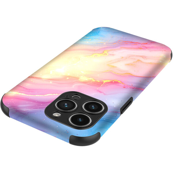 iPhone 14 Pro Max telefoonhoesje met sterke bumper rand en regenboog glitter marmer opdruk (4)