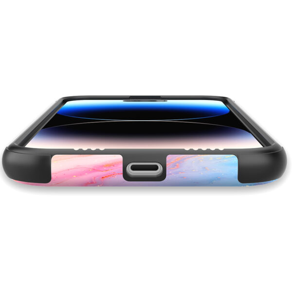 iPhone 14 Pro Max telefoonhoesje met sterke bumper rand en regenboog glitter marmer opdruk (5)