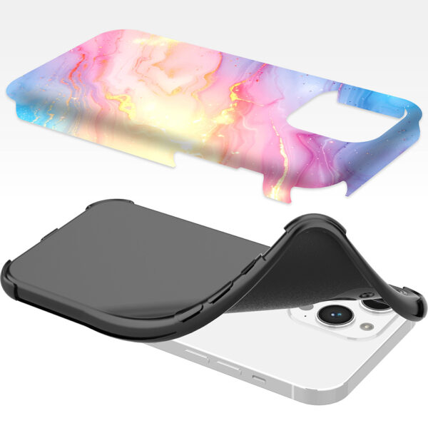 iPhone 14 Pro Max telefoonhoesje met sterke bumper rand en regenboog glitter marmer opdruk (6)