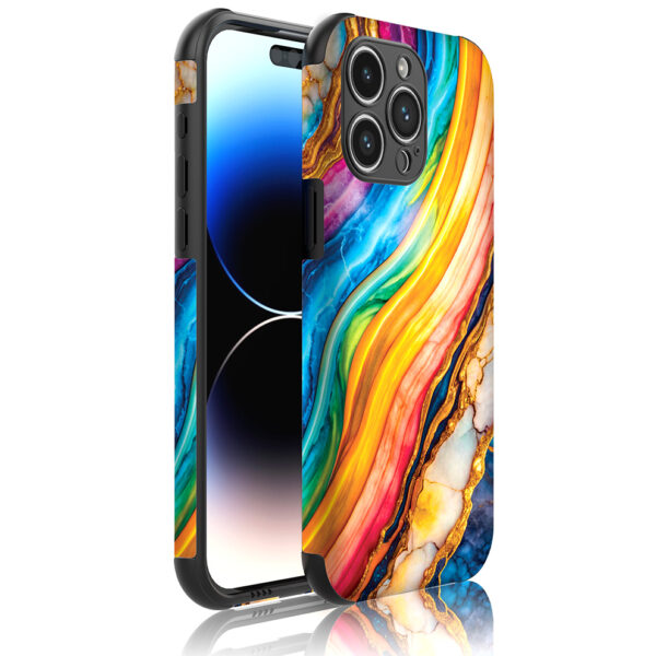 iPhone 14 Pro Max telefoonhoesje met sterke bumper rand en regenboog goud marmer opdruk (1)
