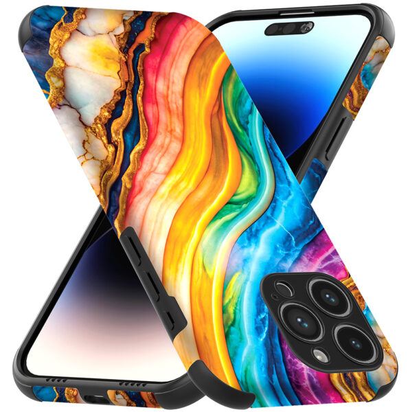 iPhone 14 Pro Max telefoonhoesje met sterke bumper rand en regenboog goud marmer opdruk (3)
