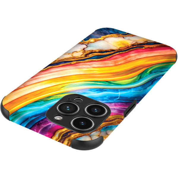 iPhone 14 Pro Max telefoonhoesje met sterke bumper rand en regenboog goud marmer opdruk (4)