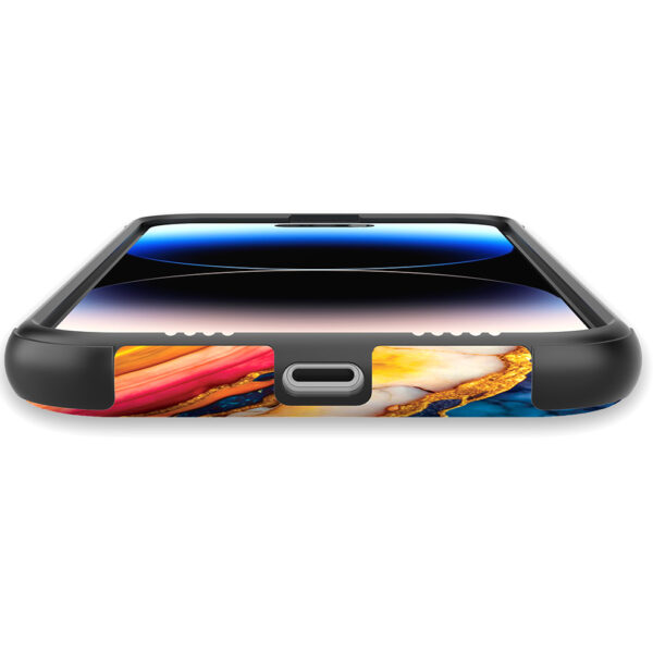 iPhone 14 Pro Max telefoonhoesje met sterke bumper rand en regenboog goud marmer opdruk (5)