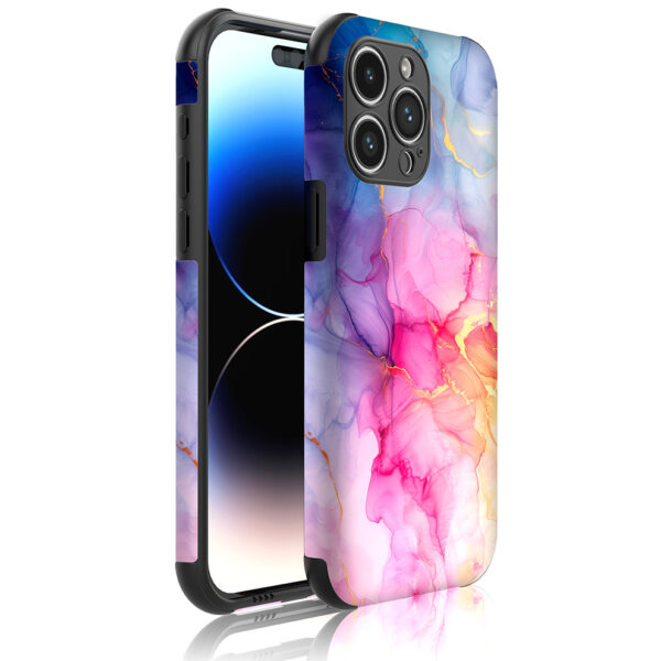 iPhone 14 Pro Max telefoonhoesje met sterke bumper rand en regenboog marmer opdruk (1)