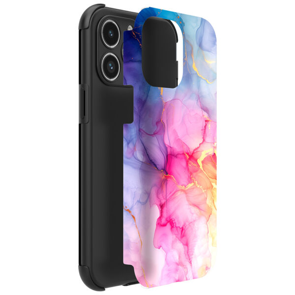 iPhone 14 Pro Max telefoonhoesje met sterke bumper rand en regenboog marmer opdruk (2)