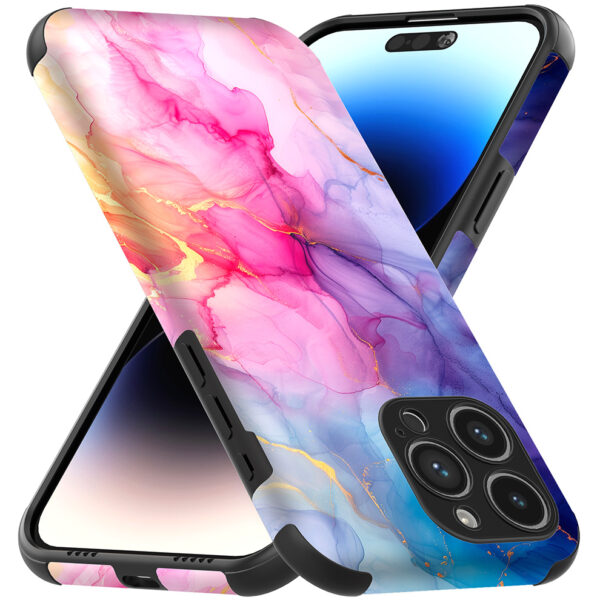 iPhone 14 Pro Max telefoonhoesje met sterke bumper rand en regenboog marmer opdruk (3)