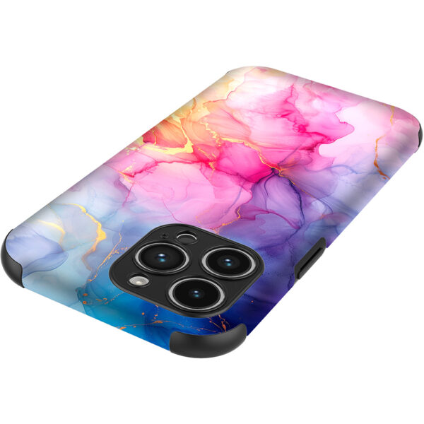 iPhone 14 Pro Max telefoonhoesje met sterke bumper rand en regenboog marmer opdruk (4)
