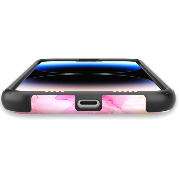 iPhone 14 Pro Max telefoonhoesje met sterke bumper rand en regenboog marmer opdruk (5)