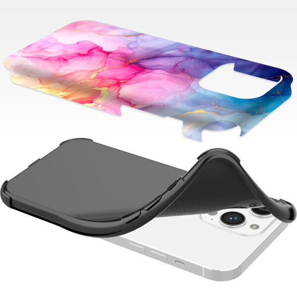 iPhone 14 Pro Max telefoonhoesje met sterke bumper rand en regenboog marmer opdruk (6)