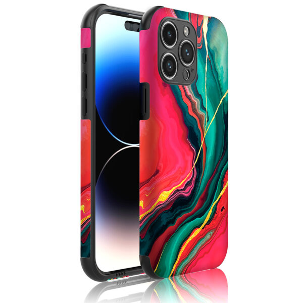 iPhone 14 Pro Max telefoonhoesje met sterke bumper rand en rood groen marmer opdruk (1)