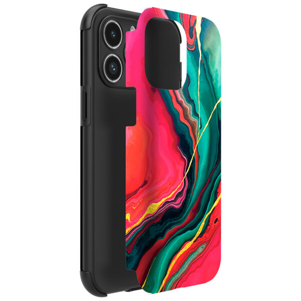 iPhone 14 Pro Max telefoonhoesje met sterke bumper rand en rood groen marmer opdruk (2)