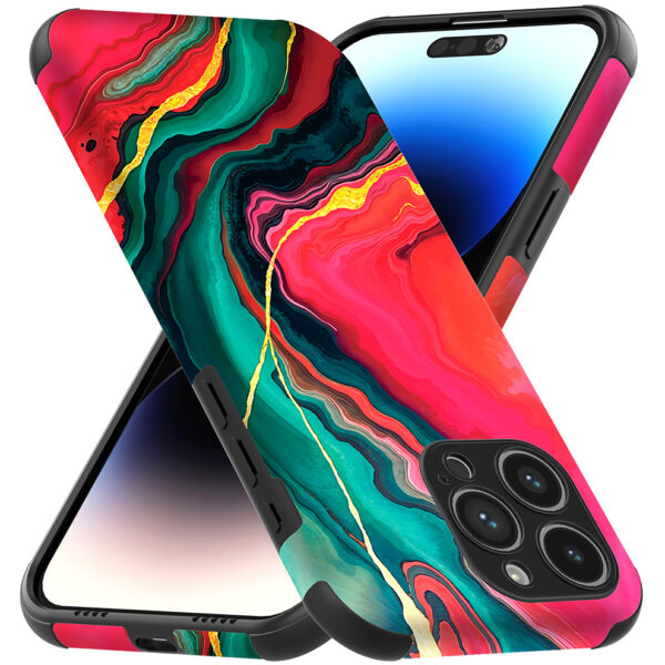 iPhone 14 Pro Max telefoonhoesje met sterke bumper rand en rood groen marmer opdruk (3)