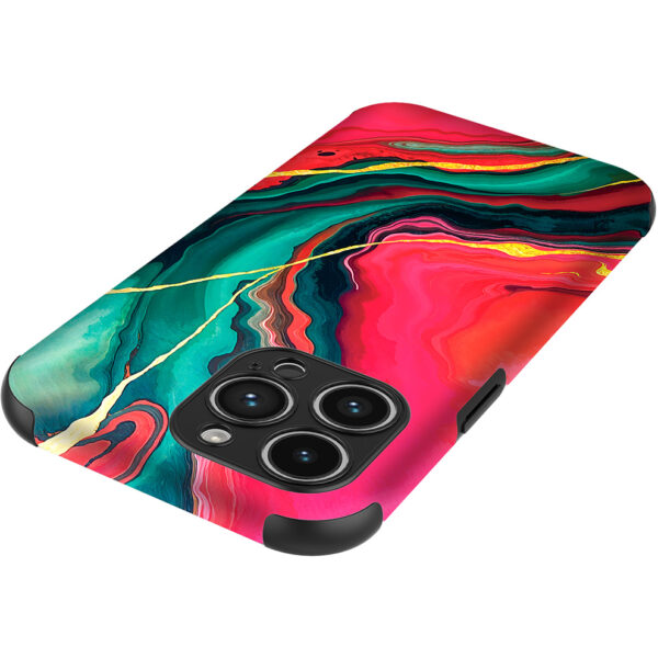 iPhone 14 Pro Max telefoonhoesje met sterke bumper rand en rood groen marmer opdruk (4)