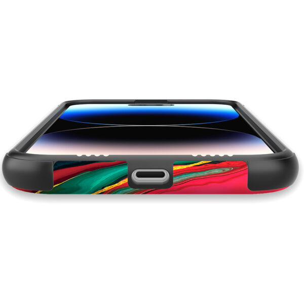 iPhone 14 Pro Max telefoonhoesje met sterke bumper rand en rood groen marmer opdruk (5)