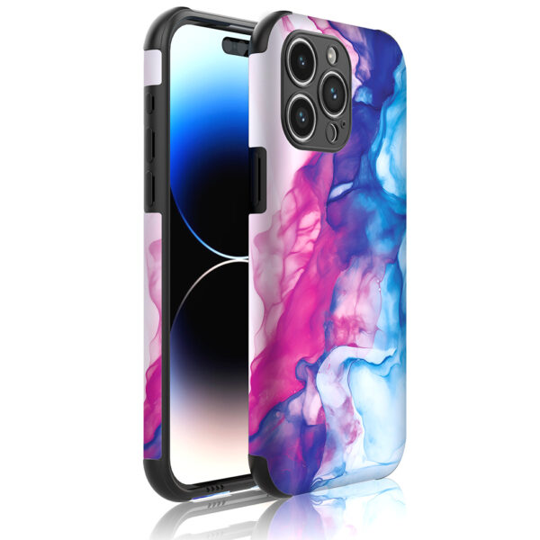 iPhone 14 Pro Max telefoonhoesje met sterke bumper rand en roze blauw marmer opdruk (1)