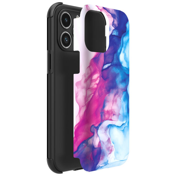 iPhone 14 Pro Max telefoonhoesje met sterke bumper rand en roze blauw marmer opdruk (2)