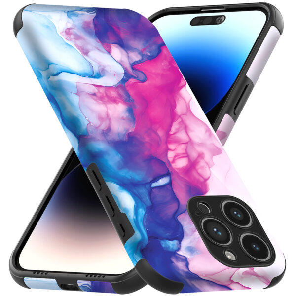 iPhone 14 Pro Max telefoonhoesje met sterke bumper rand en roze blauw marmer opdruk (3)