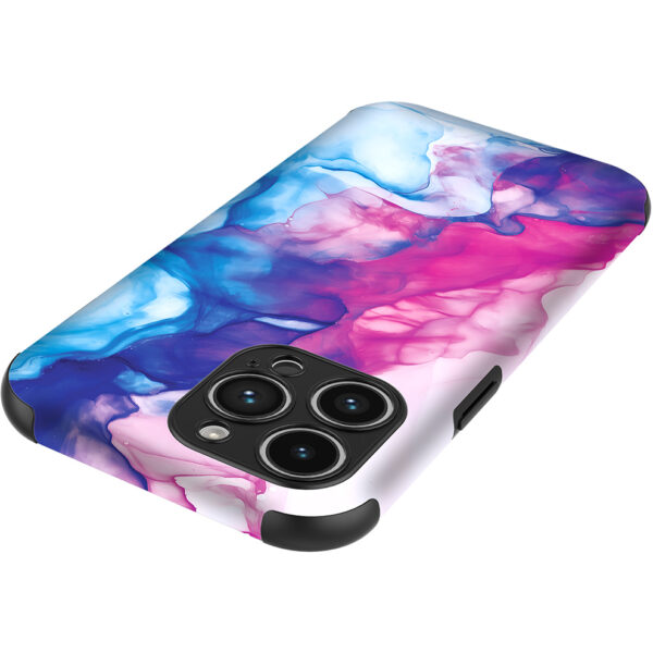 iPhone 14 Pro Max telefoonhoesje met sterke bumper rand en roze blauw marmer opdruk (4)
