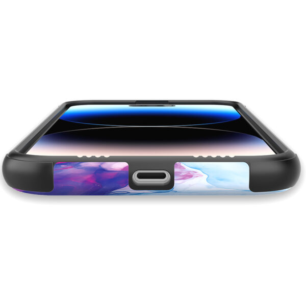 iPhone 14 Pro Max telefoonhoesje met sterke bumper rand en roze blauw marmer opdruk (5)
