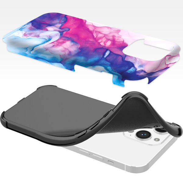 iPhone 14 Pro Max telefoonhoesje met sterke bumper rand en roze blauw marmer opdruk (6)