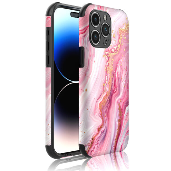 iPhone 14 Pro Max telefoonhoesje met sterke bumper rand en roze marmer opdruk (1)