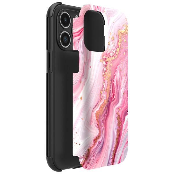 iPhone 14 Pro Max telefoonhoesje met sterke bumper rand en roze marmer opdruk (2)