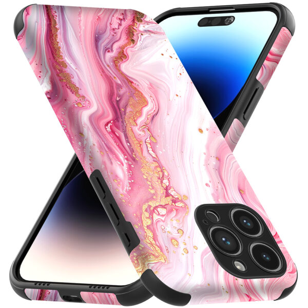 iPhone 14 Pro Max telefoonhoesje met sterke bumper rand en roze marmer opdruk (3)