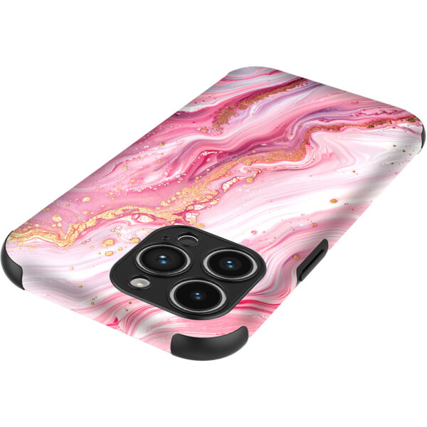 iPhone 14 Pro Max telefoonhoesje met sterke bumper rand en roze marmer opdruk (4)