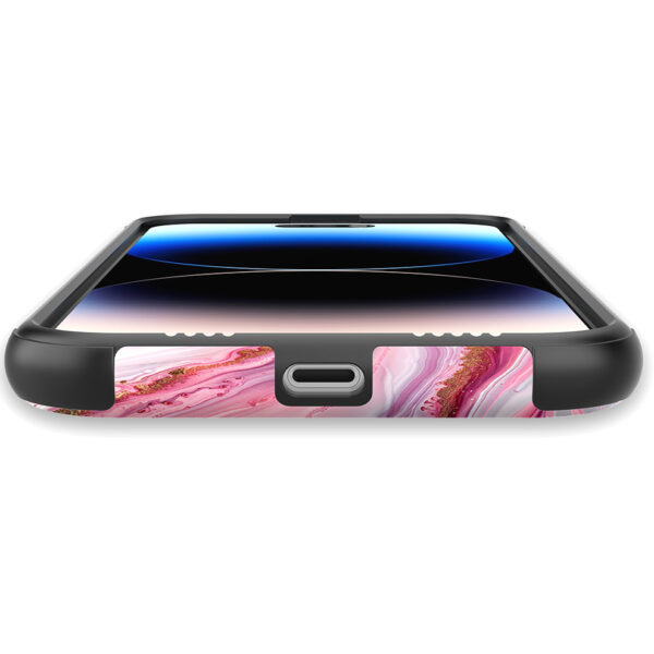 iPhone 14 Pro Max telefoonhoesje met sterke bumper rand en roze marmer opdruk (5)