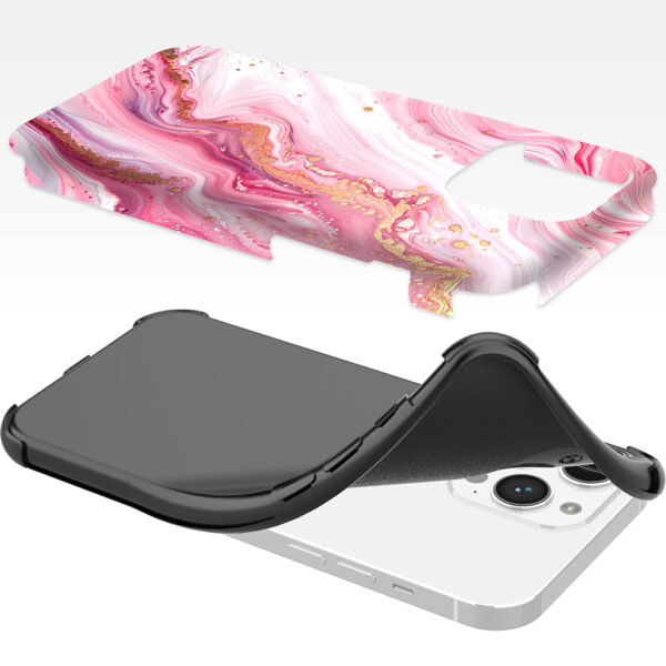 iPhone 14 Pro Max telefoonhoesje met sterke bumper rand en roze marmer opdruk (6)