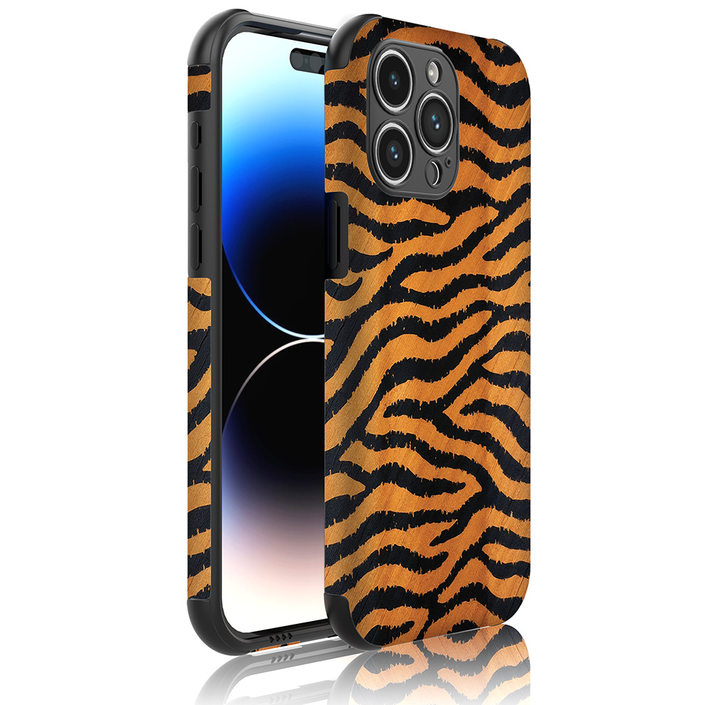 iPhone 14 Pro Max telefoonhoesje met sterke bumper rand en tijger en panter opdruk (1)