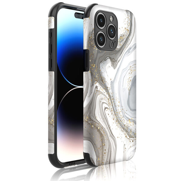 iPhone 14 Pro Max telefoonhoesje met sterke bumper rand en zilver marmer opdruk (1)