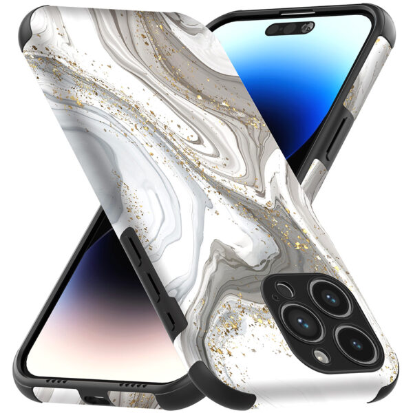 iPhone 14 Pro Max telefoonhoesje met sterke bumper rand en zilver marmer opdruk (3)