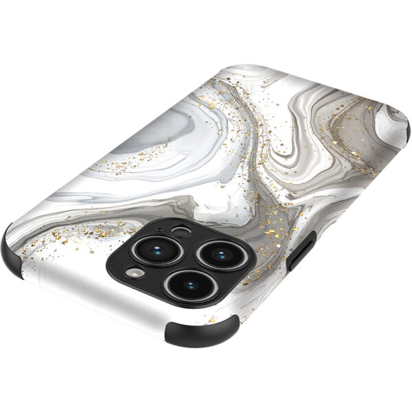 iPhone 14 Pro Max telefoonhoesje met sterke bumper rand en zilver marmer opdruk (4)