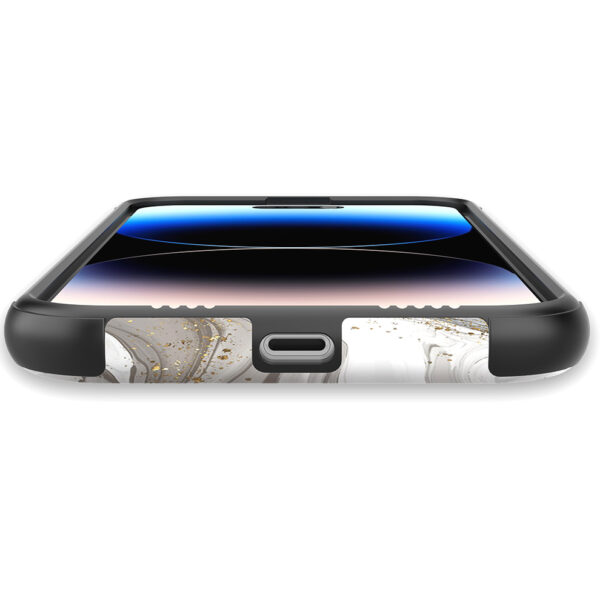 iPhone 14 Pro Max telefoonhoesje met sterke bumper rand en zilver marmer opdruk (5)