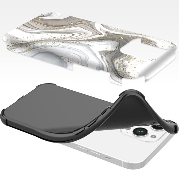 iPhone 14 Pro Max telefoonhoesje met sterke bumper rand en zilver marmer opdruk (6)