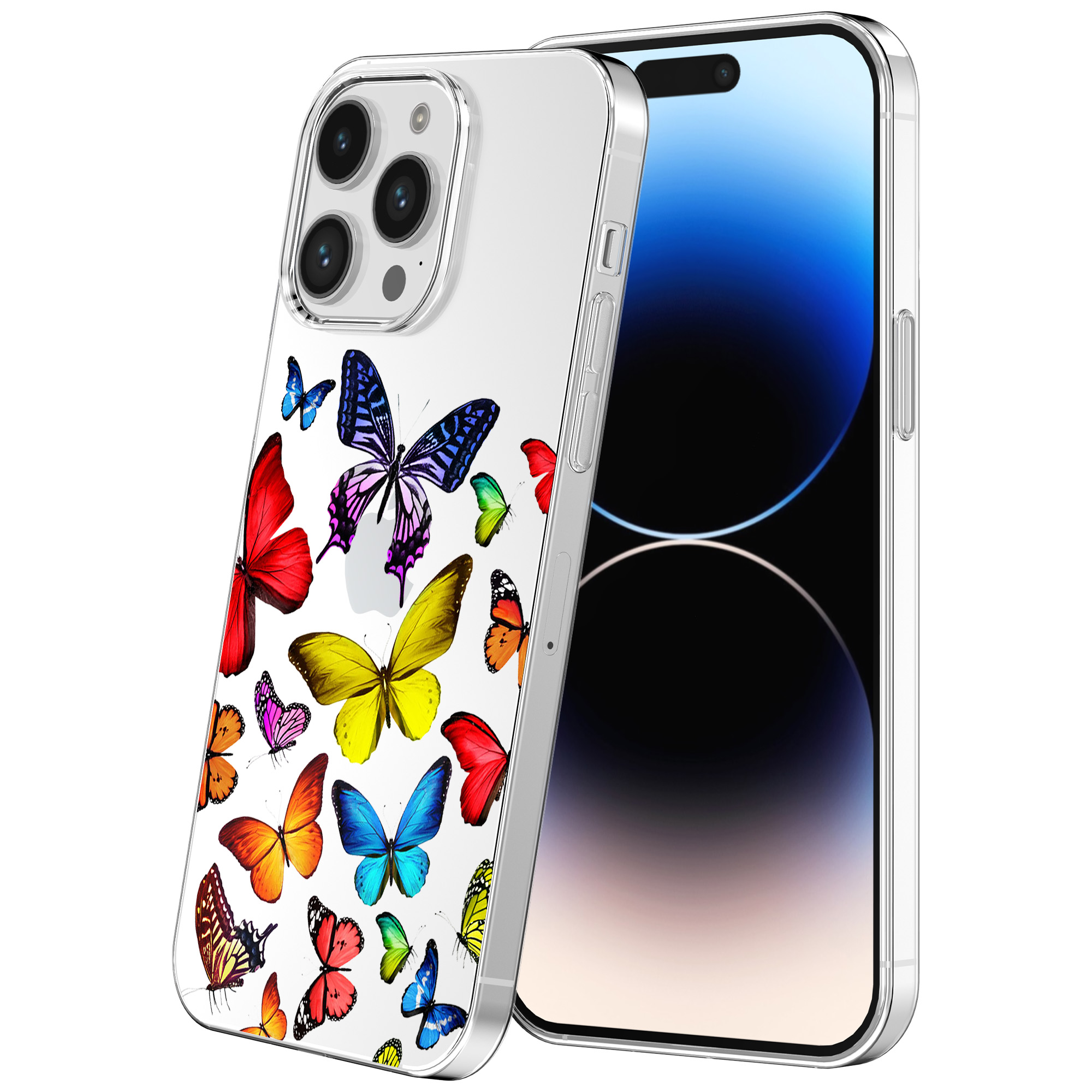 iPhone 14 Pro Max transparant telefoonhoesje met gekleurde vlinder opdruk (1)