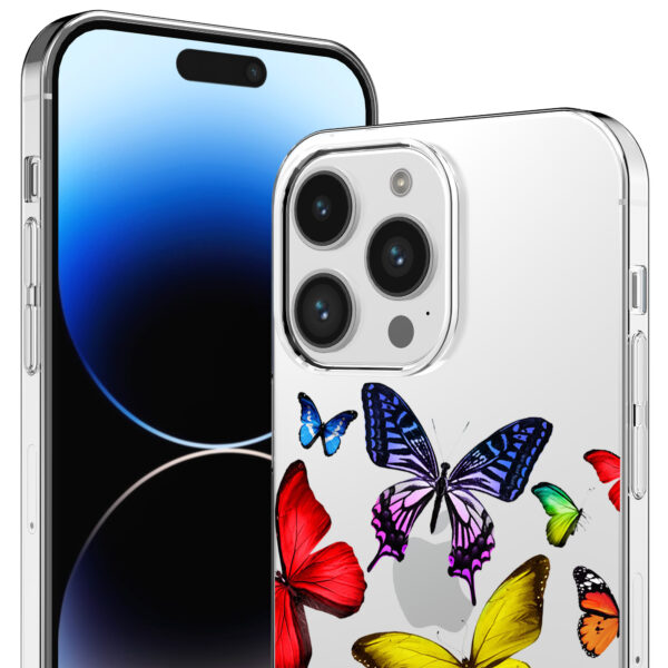 iPhone 14 Pro Max transparant telefoonhoesje met gekleurde vlinder opdruk (2)