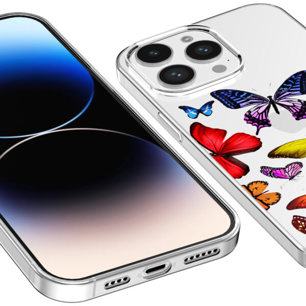 iPhone 14 Pro Max transparant telefoonhoesje met gekleurde vlinder opdruk (3)