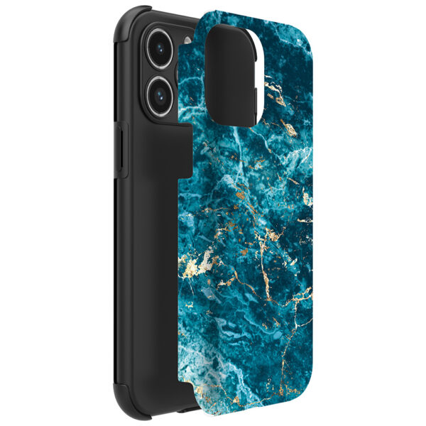 iPhone 14 Pro telefoonhoesje met sterke bumper rand en blauw goud marmer opdruk (2)