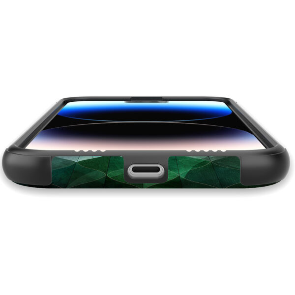 iPhone 14 Pro telefoonhoesje met sterke bumper rand en groene bladeren opdruk (5)