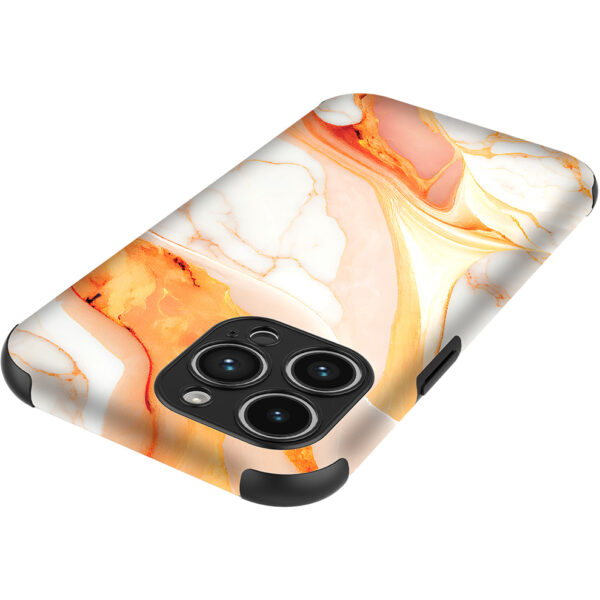 iPhone 14 Pro telefoonhoesje met sterke bumper rand en oranje marmer opdruk (4)