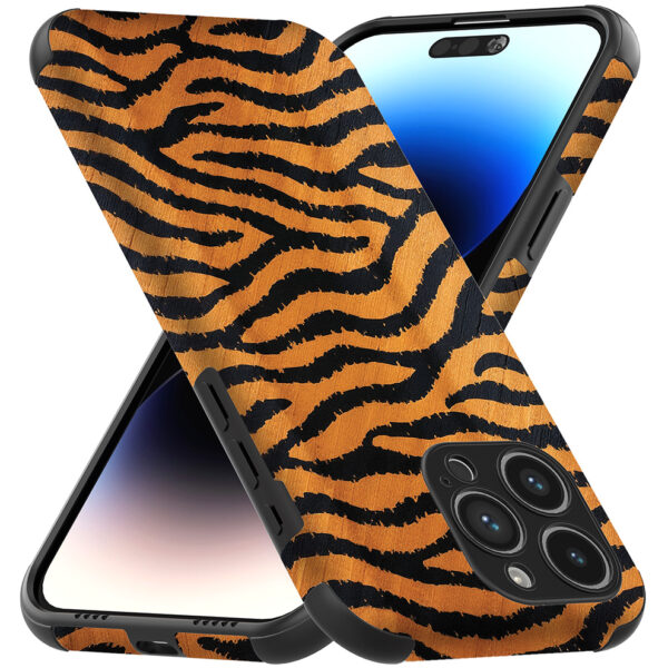 iPhone 14 Pro telefoonhoesje met sterke bumper rand en tijger en panter opdruk (3)
