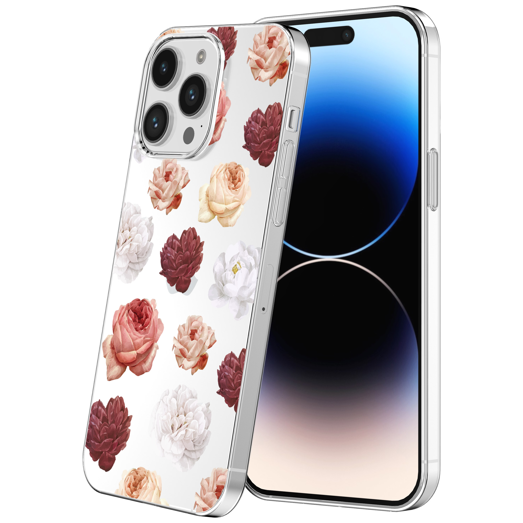 iPhone 14 Pro transparant telefoonhoesje met bloemen en rozen opdruk (1)
