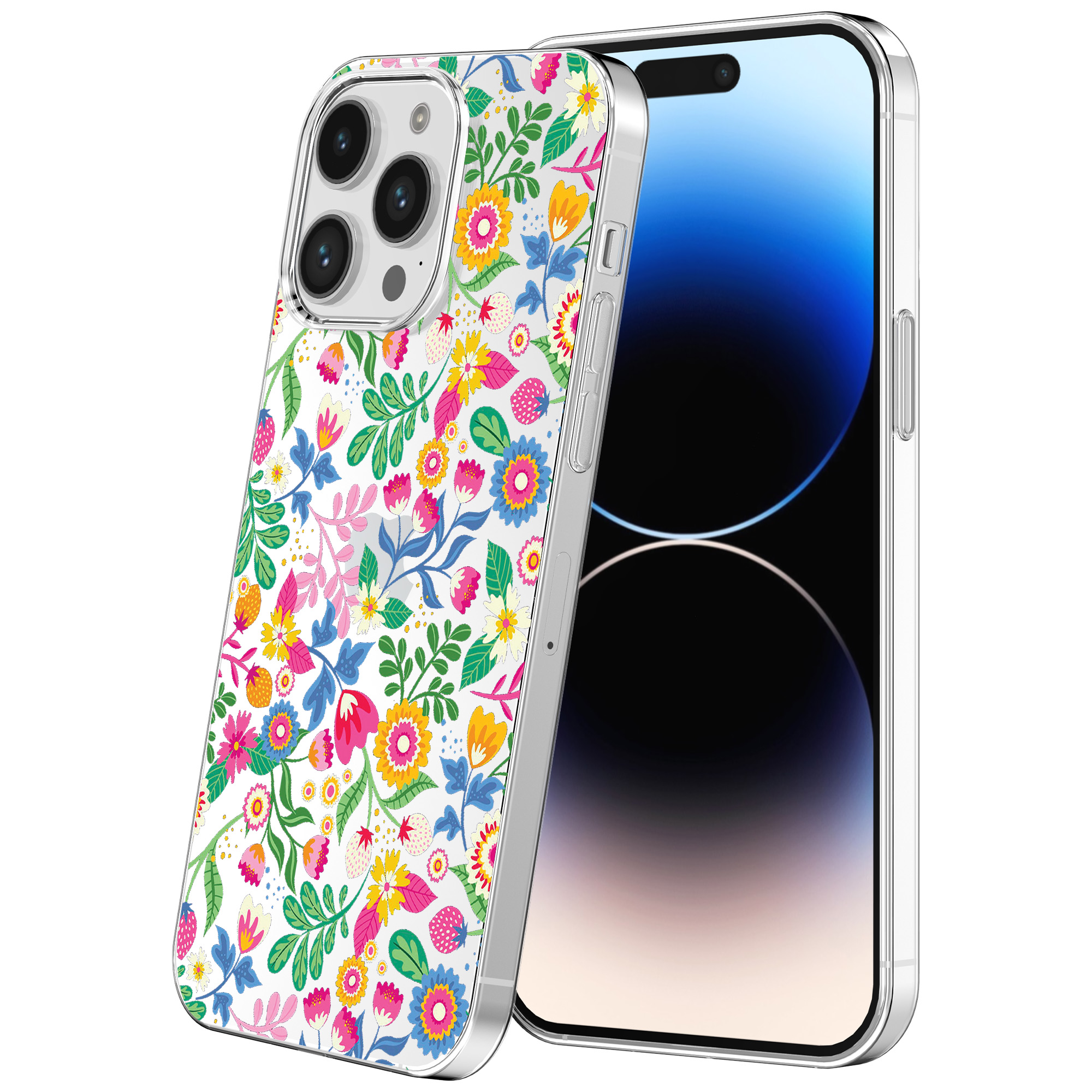 iPhone 14 Pro transparant telefoonhoesje met bloemen opdruk (1)