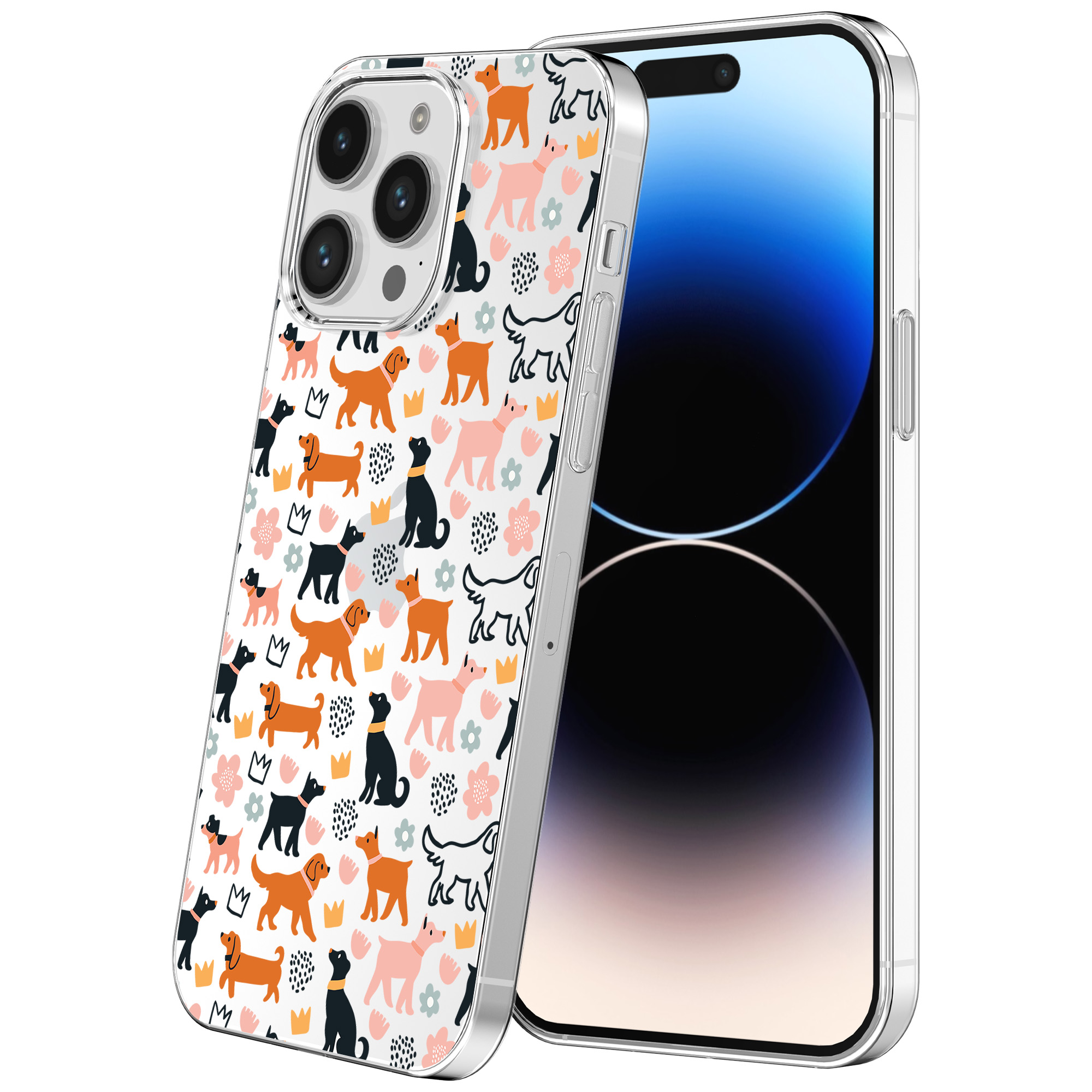 iPhone 14 Pro transparant telefoonhoesje met honden opdruk (1)