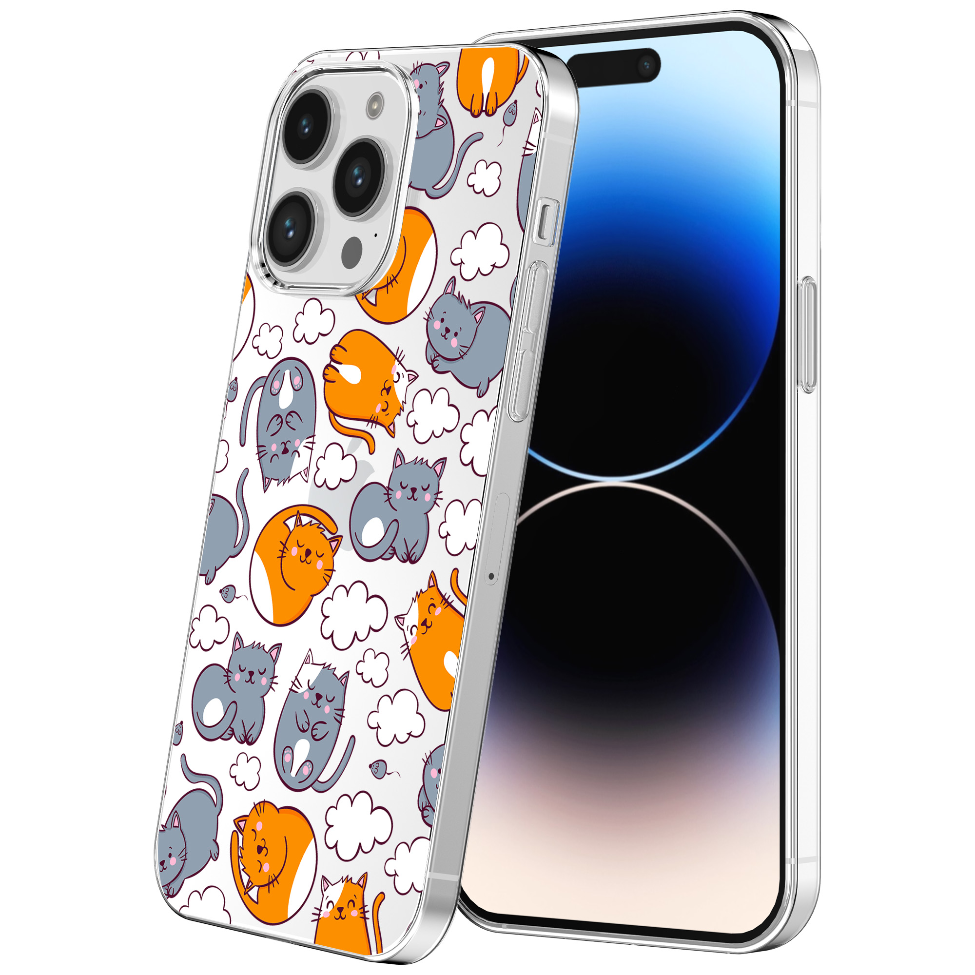 iPhone 14 Pro transparant telefoonhoesje met katten en poezen opdruk (1)