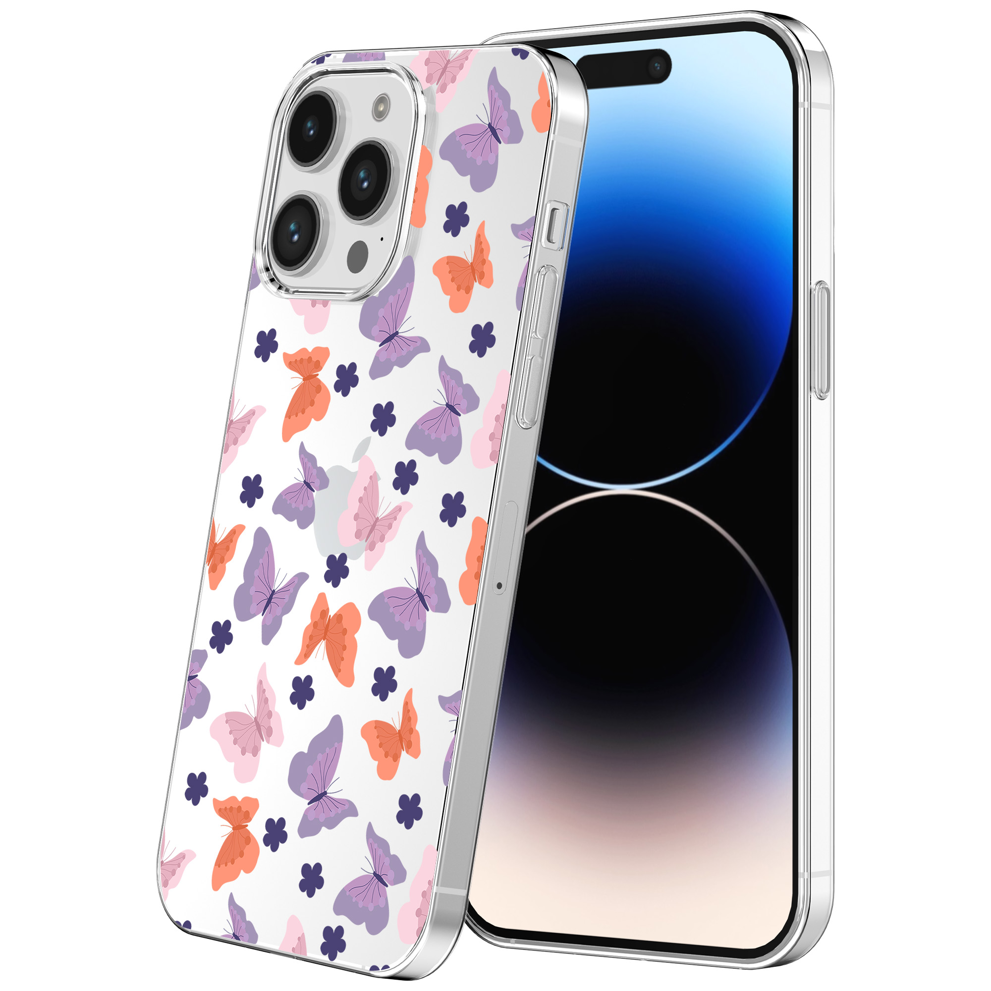 iPhone 14 Pro transparant telefoonhoesje met paars roze oranje vlinder opdruk (1)