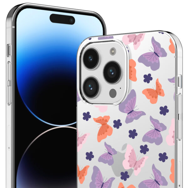 iPhone 14 Pro transparant telefoonhoesje met paars roze oranje vlinder opdruk (2)